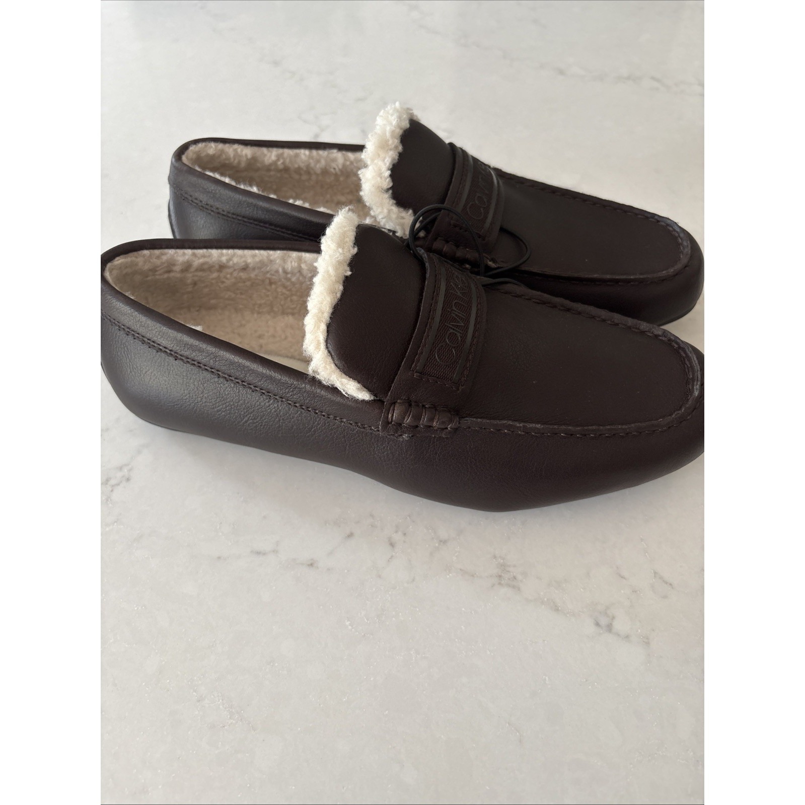 Calvin Klein Mens Brown Faux Leather Sherpa Lined Slip-On Moccasin Slippers 7.5